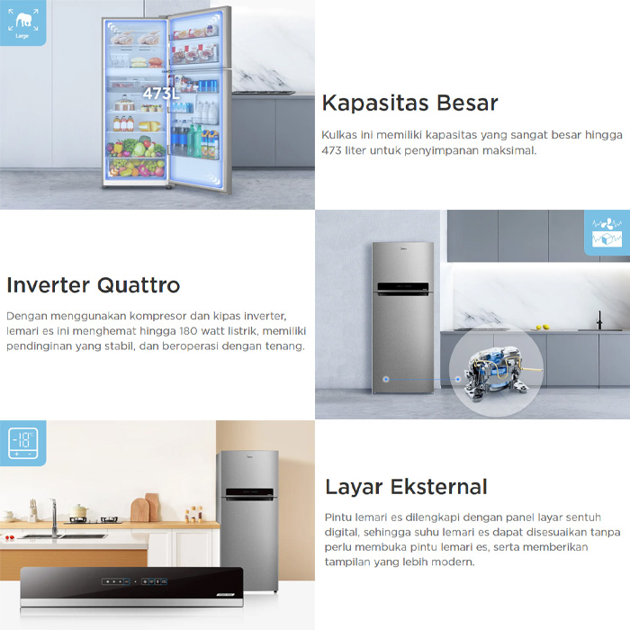 Midea Kulkas Everest 2 Pintu 473 Liter inverter Silver - MDRT 611 EVD50ID | MDRT-611-EVD50ID